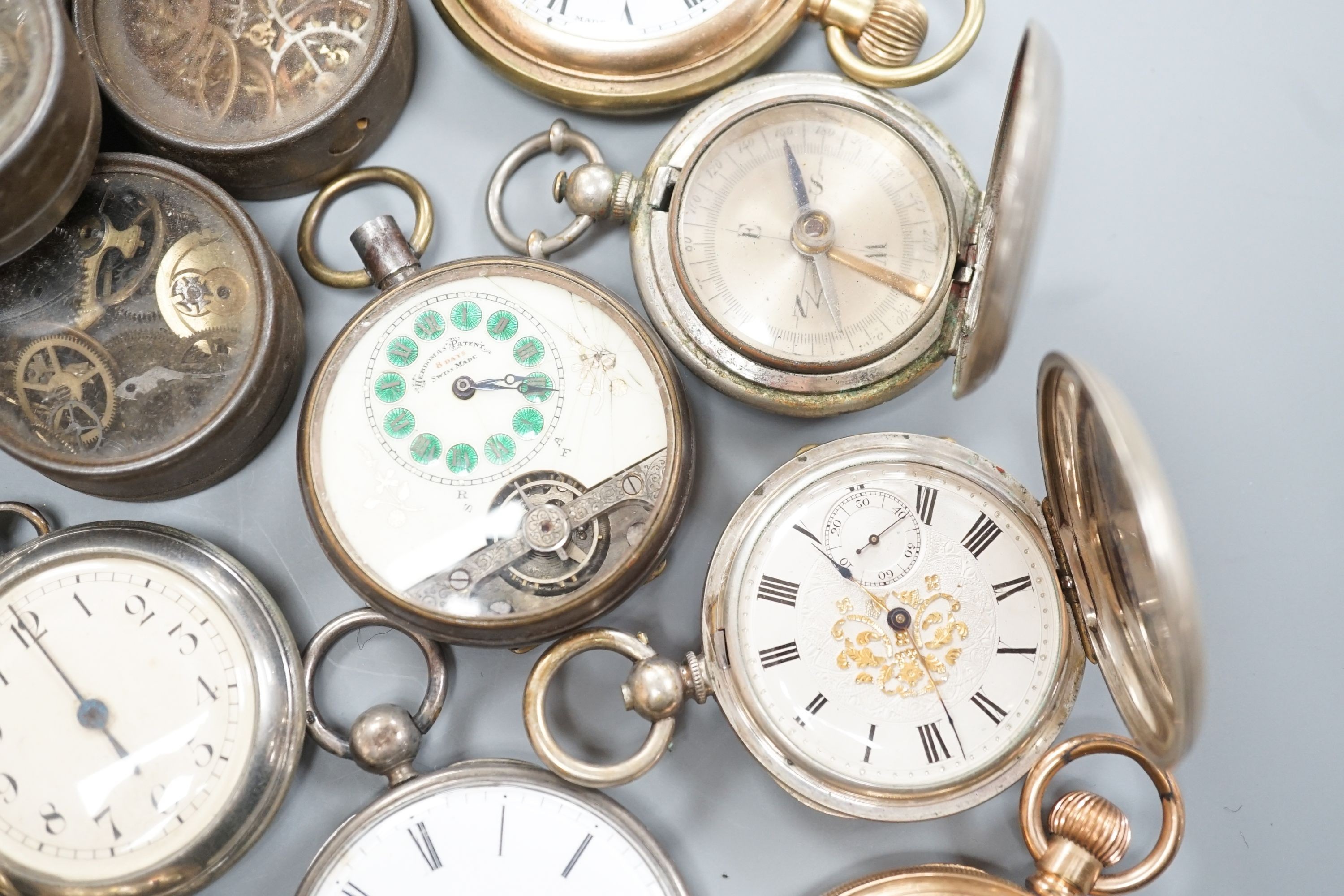 A small collection of assorted base metal and gold plated pocket watches including Hebdomas and Waltham and a small quantity of watch parts.